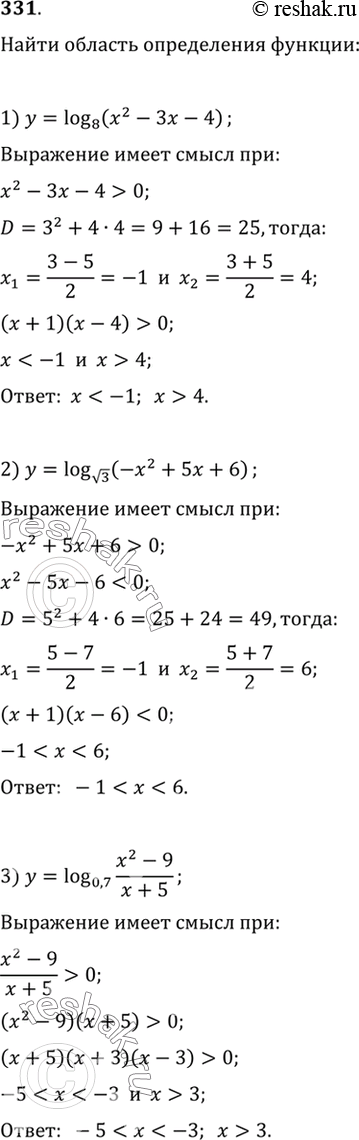 Изображение 331 Найти область определения функции:1) y= log8(x2-3x-4);2) y= log корень 3(-x2+5x+6);3) y=log0,7(x2-9)/(x+5);4) y=log1/3(x-4)/(x2+4);5) y= log пи(2x-2);6)...