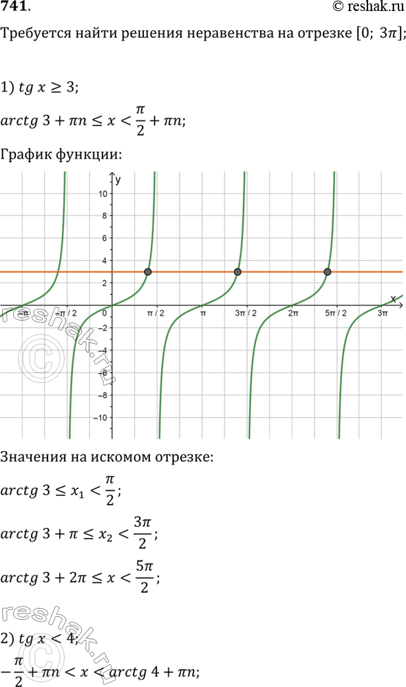 Изображение 741 Найти все решения неравенства, принадлежащие отрезку [0; 3пи]:1) tg х >= 3;	2) tg х < 4;	3) tg х	 ...