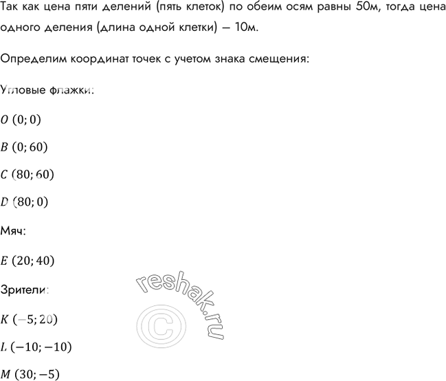 Изображение На рисунке 3 изображен план футбольного поля на пришкольном участке. Найти координаты угловых флажков (О, В, С, D), мяча (Е), зрителей (К, L,...